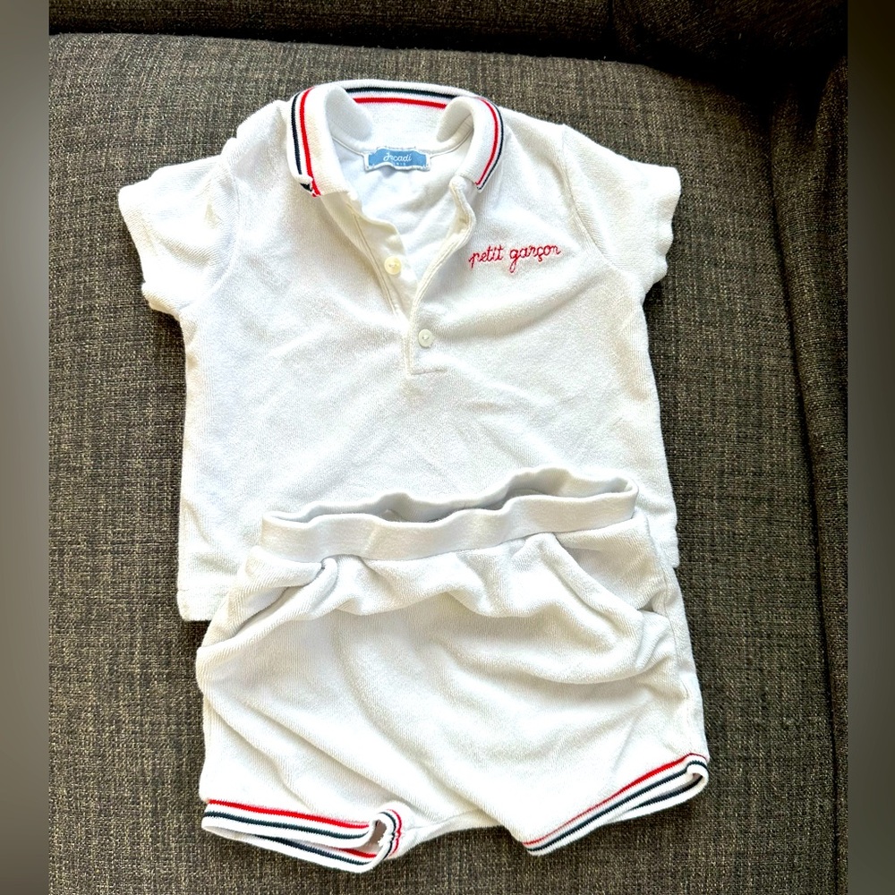 Jacadi white 2 piece set shorts and tshirt
